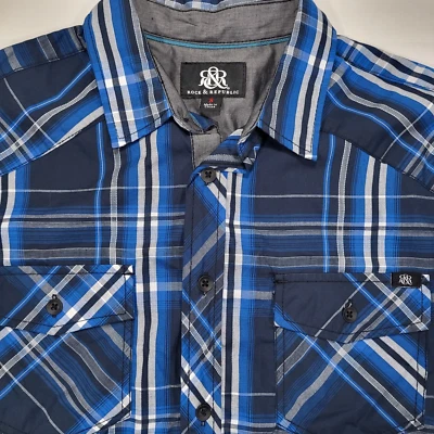 Rock & Republic Men's Small Blue Plaid Short Sleeve Button Up Shirt - Image 1 of 4
