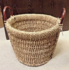 Großer runder Seegras Korb Wäschespielzeug Aufbewahrungskorb Holzgriffe 19x14 NEU - Bild 1 von 5