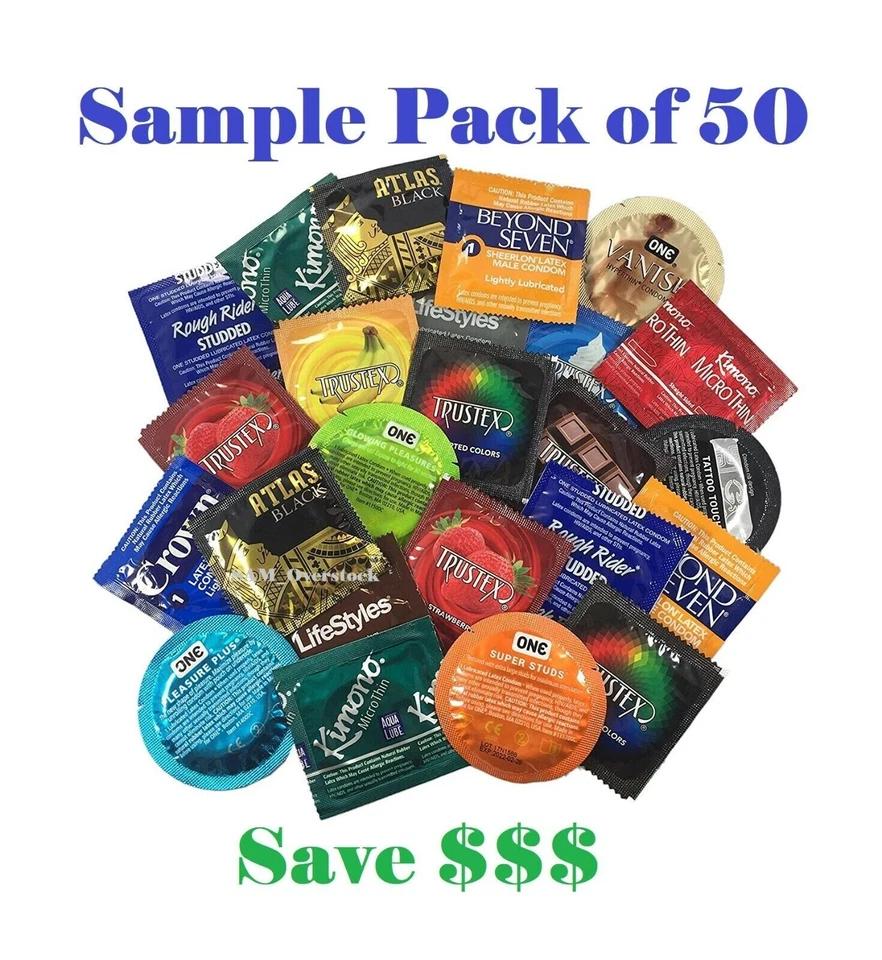 50 Trojan, Lifestyles, Crown, Trustex, Atlas, Rugby & More Condoms SAMPLE PACK - Image 1 of 1