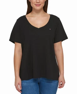 Tommy Hilfiger Women's Plus Size Cotton V-Neck T-Shirt (0X, Black) - Picture 1 of 3