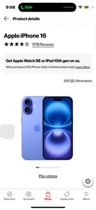 Apple iPhone 16 - 128 GB - Blue (Unlocked -EXCELLENT  CO) with TikTok installed  - Picture 1 of 2