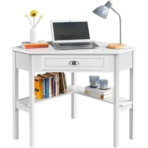 White Corner Desk 106cm L-Shaped Table with Drawer & Shelves for Small Room - Picture 1 of 12