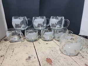 Nestle Nescafe World Globe Coffee Mugs Cups Clear Glass White Etched Set of 8 - Picture 1 of 4