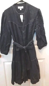Sonoma NowGen Western Dress Navy Blue Flounce Ruffle Cowgirl Linen Size L New - Picture 1 of 7