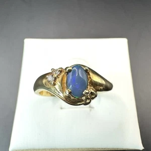 Australian Natural Solid Black Lightning Ridge Opal Ring 750 18k 2 Diamond L1/2 - Picture 1 of 19
