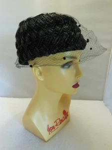 VINTAGE WOMEN'S BLACK LAYERED PILLBOX HAT WITH BLACK DOTTED VEIL 1950s - Bild 1 von 8