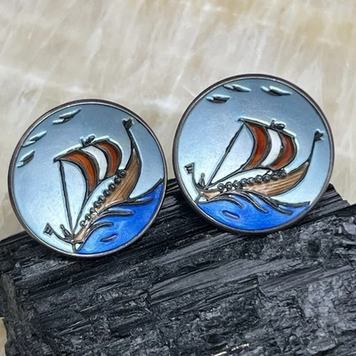 Gemelos de mar vintage de plata de ley .925 Noruega esmaltada barco velero 12 gr Foto 1 de 4