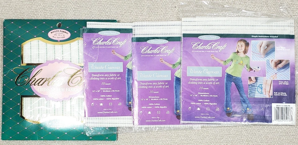 4 Pkg. Charles Craft 10-Count WASTE CANVAS 12"x18" for Cross Stitch 3 NEW In Pkg - Image 1 of 1