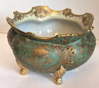 Antique Nippon Gold Butterfly Bowl Jeweled Gilt 7" Dia Signed 4.5" Tall - Image 1 of 4