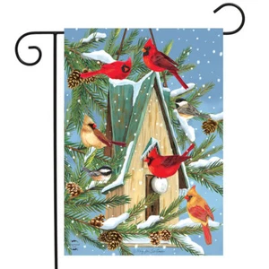 Snowfall Birdhouse Winter Garden Flag Cardinals Fir Tree 12.5" x 18" - Picture 1 of 4