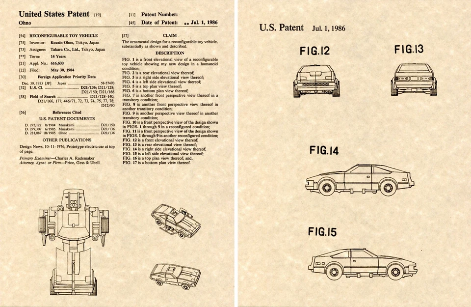 Transformers DOWNSHIFT G1 US Patent Art Print READY TO FRAME OHNO - Image 1 of 1
