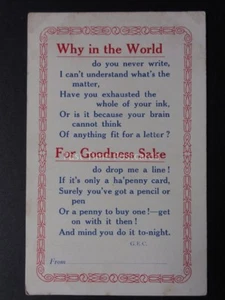 Verse & Poem WHY IN THE WORLD DO YOU NEVER WRITE.... Old Postcard - Picture 1 of 2
