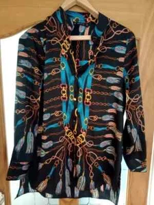 Rope & Chain Print Satin Blouse By Zara black blue collarless tunic chain - Picture 1 of 3
