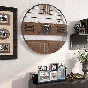 NEW 20 inch Rustic Wood & Metal Large Wall Clock