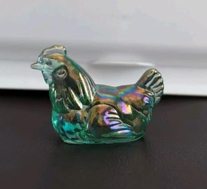 Vintage Fenton Glass Mini Hen - Miniature Pets Iridescent Green Glase w/Label - Picture 1 of 7