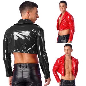 Jacket Patent Leather Mens Shiny Metallic Nightwear Cropped Clubwear Lapel Coat