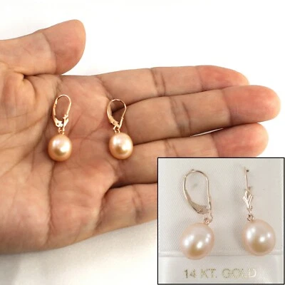 14K Rose Gold Pink Pearl Leverback Earrings (9–10mm) - Image 1 of 4