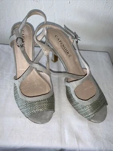 CAFE NOIR grey suede and woven canvas high heel sandals,new without box, US sz 8 - Picture 1 of 8
