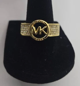 Michael Kors Gold-Tone MK Logo Ring With Pave Crystal Accents Womens Size 8 - Picture 1 of 6