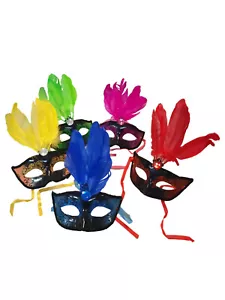 10 colorful Feather Masks Mardi Gras Masquerade Lot Blue Red Green Yellow Pink - Picture 1 of 7