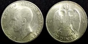 Jugoslavia Petar II Argento 1938 20 Dinara 1 Anno Tipo Alta Grado KM# 23 (23 771) - Foto 1 di 3