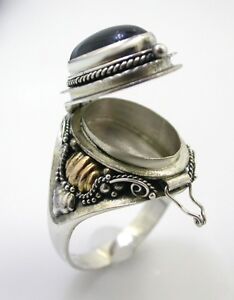925 Sterling Silver 14K Gold Onyx Poison PillBox Locket Ring Secret Compartment 