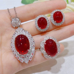 Nuevo Conjunto de Joyas de Navidad Dije Rojo Sangre Granate Gemas Mujeres Collar Pendientes Anillo - Imagen 1 de 9