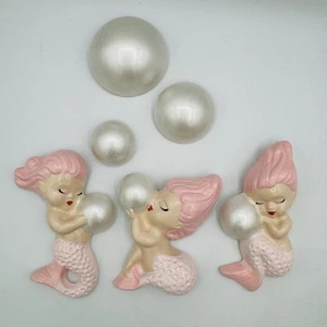 Mermaid BABIES Chalkware Kitsch Wall Plaque Kitschy VTG Style Bubbles Pink - Picture 1 of 2