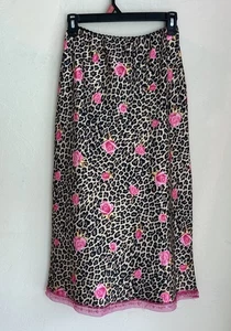 Vintage 90s Y2K Love Amour Leopard Print Rose Satin Midi Skirt Fairy Grunge 2 - Bild 1 von 7