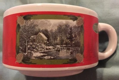 CURRIER & IVES Handled Red Soup Bowl Large Mug - Black&white Winter Scene - Image 1 of 4
