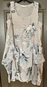 100% Lin Blanc Leinen Kleid Gr. 44 beige Blumen ärmellos Lagenlook Italy - Bild 1 von 7