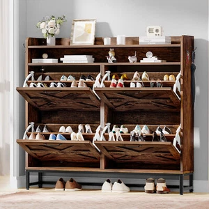 Farmhouse Shoe Storage Cabinet with 4 Flip Drawers Shoe Organizer for 24 Pairs - Picture 1 of 11