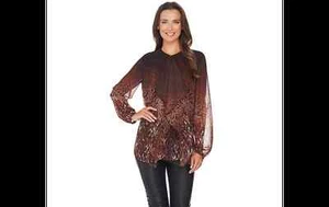 Blusa Dennis Basso con Volantes Animal Estampado Encaje Marrón Talla 16 A278693 J - Imagen 1 de 5