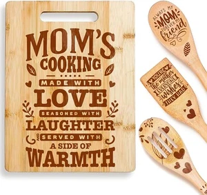 Riviera Bamboo Wood Cutting Board 3 Wooden Spoons For Cooking Mothers Day Gift - Picture 1 of 7
