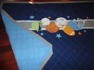 SPORTS BLUE ORANGE SOCCER BASKETBALL FOOTBALL BASEBALL (1) TWIN QUILT 61 X 84 - Picture 1 of 5