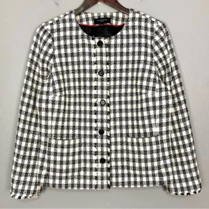 Talbots Gingham Tweed Fringed Jacket Women’s Size 12 Petite Button Front Pockets - Picture 1 of 9