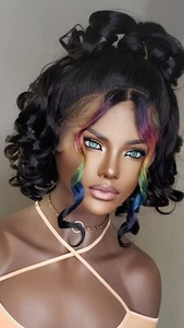 New Black Rainbow Half Up Down Curly Short Ponytail PreStyle Hair Lace Front Wig - Picture 1 of 10
