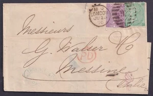 1870 1/- Green SG11 Pl 4 TF + 6d Lilac SG109 Pl 8 OD to Messina Italy VG/FU - Picture 1 of 2