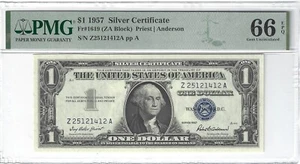 Fr.1619 1957 $1 Silver Certificate, ZA Block, PMG 66 GEM + Uncirculated - Picture 1 of 2