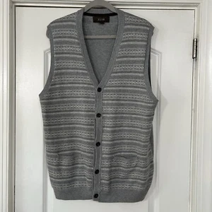 Tasso Elba Grandpa Sweater Vest Men’s L Gray Stripped 100% Cotton Buttons EUC - Picture 1 of 10