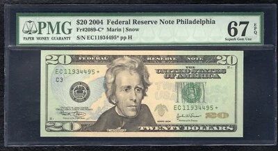 FR. 2089-C* 2004 $20 *STAR* FRN PHILADELPHIA, PA PMG GEM UNCIRCULATED-67EPQ (L) - Image 1 of 2