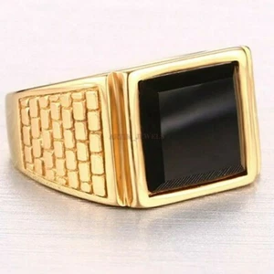 Natural Ónice Negro Piedra Con 14K Anillo Plata Chapado en Oro para Hombre #1216 - Imagen 1 de 13