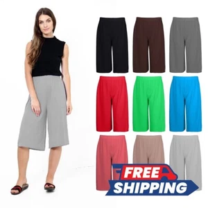 Womens 3/4 Wide Leg Palazzo Shorts Ladies Elasticated Stretch Plain Bottoms 8-26 - Picture 1 of 37