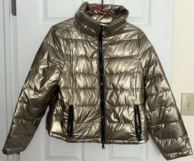 Women’s Anorak Puffer Down Winter Bomber Jacket Size M Gold Metallic Ultralight - Image 1 of 4