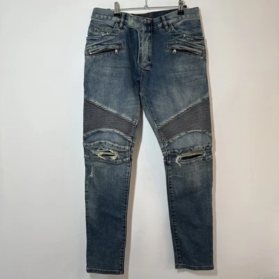 Balmain Paris Men’s Motorcycle Biker Denim Jeans Blue Size 32 X 30 Authentic - Image 1 of 4