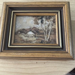 Vintage Minature Bark Painting Australian Scene Framed 15cm X 13cm - Picture 1 of 8