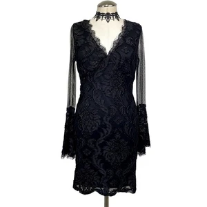 Lace Semi Sheer Flare Sleeve Whimsigoth Gothic Wednesday Addams Dress - Picture 1 of 16