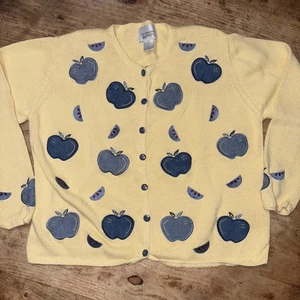 Vintage M Christopher & Banks Embroidered Denim Apples Cardigan Yellow Large - Picture 1 of 12