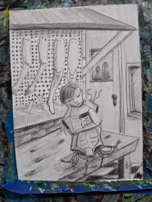 Robot Taken Apart in Shop ACEO ORIGINAL OOAK Graphite Jmg - Image 1 of 4