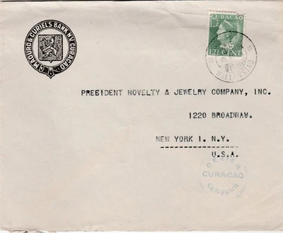 Curacao to US WILLEMSTAD Netherlands Ant 12c5 Maduro Bank PERFIN Censor 1944 - Image 1 of 2